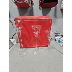 Set of 3 International Silver Company Clear Glass Candlesticks With Gold Bead